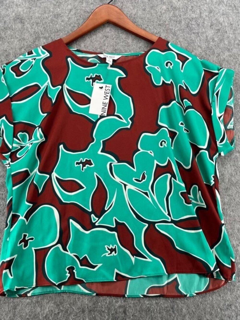 Nine West sz L Women's Floral Satin Blouse Teal Green Brown Short Cuff Sleeve